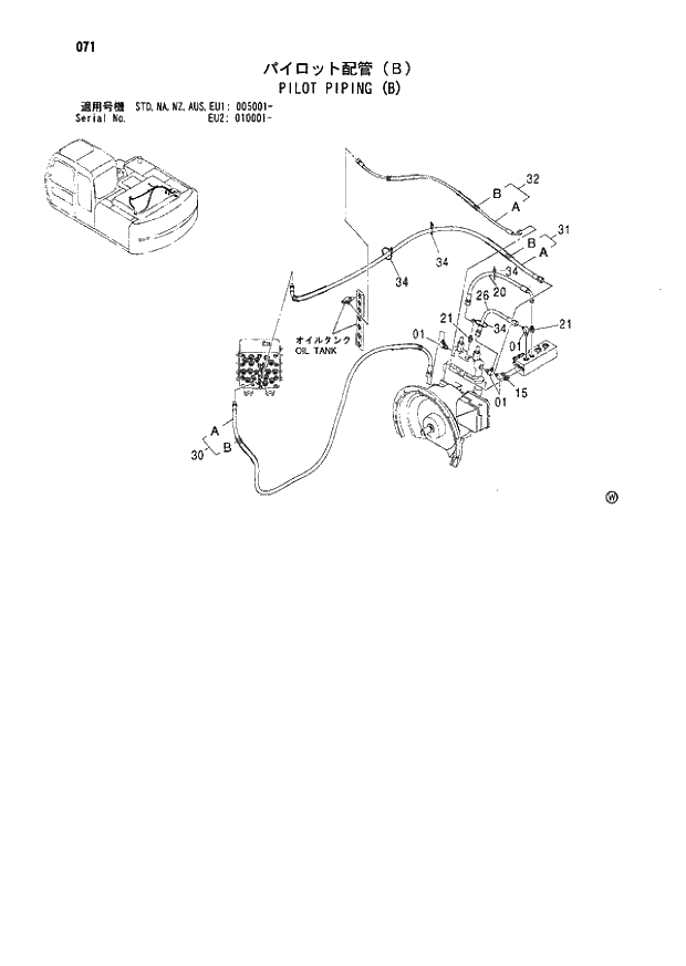 Схема запчастей Hitachi ZX180LC - 071 PILOT PIPING (B) (005001 - EU2 010001 -). 01 UPPERSTRUCTURE