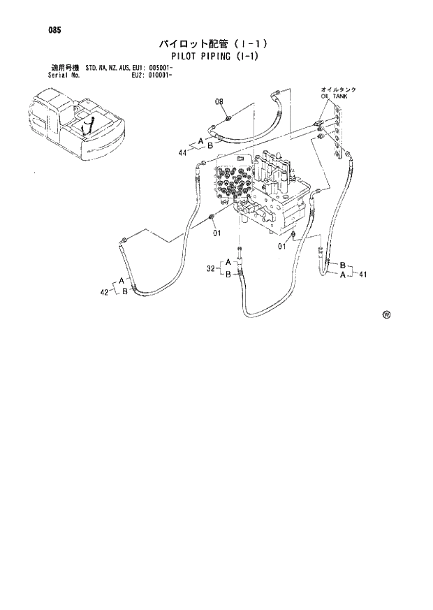 Схема запчастей Hitachi ZX180LCN - 085 PILOT PIPING (I-1) (005001 - EU2 010001 -). 01 UPPERSTRUCTURE