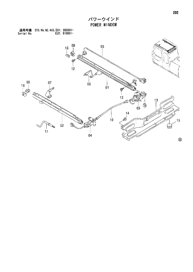 Схема запчастей Hitachi ZX180LCN - 202 POWER WINDOW (005001 - EU2 010001 -). 01 UPPERSTRUCTURE