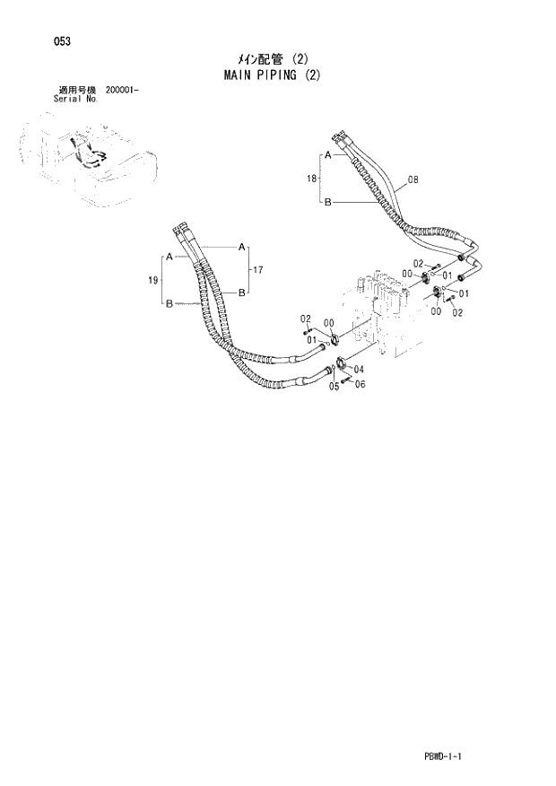 Схема запчастей Hitachi ZX200LC-3G - 053 MAIN PIPING (2) 01 UPPERSTRUCTURE
