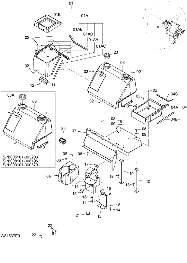 Схема запчастей Hitachi ZW180 - 075 REAR CONSOLE (000101-004999, 005101-). 04 CAB