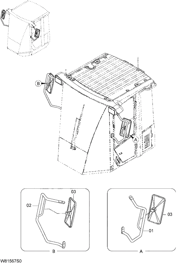 Схема запчастей Hitachi ZW180 - 085 REARVIEW MIRROR (HLF,HPF) (BM001) (000101-004999, 008101-). 04 CAB