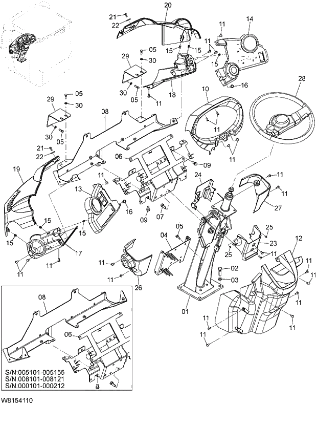 Схема запчастей Hitachi ZW180 - 088 STEERING COLUMN (000101-000423, 005101-005279, 008101-008250). 04 CAB