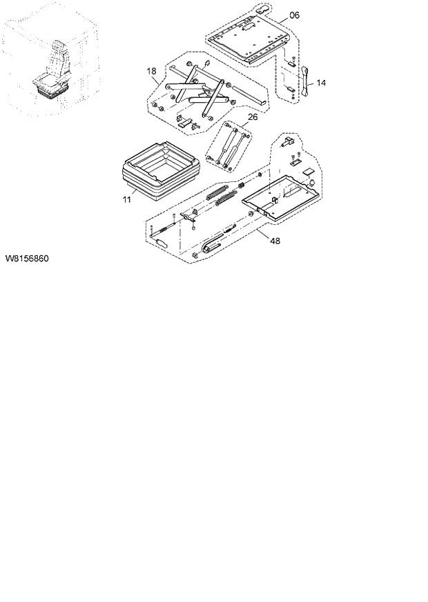 Схема запчастей Hitachi ZW180 - 103 SUSPENSION (GRAMMER) (000101-004999, 005101-). 04 CAB