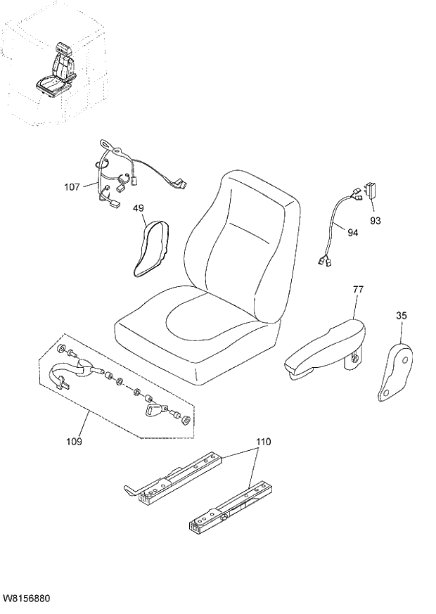 Схема запчастей Hitachi ZW180 - 105 SEAT (AIR-SUSPENSION) (GRAMMER) (000101-004999, 005101-). 04 CAB