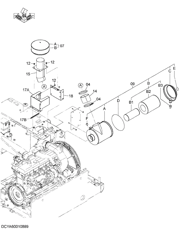 Схема запчастей Hitachi ZX470LCH-5G - 009 PRE CREANER 03 ENGINE