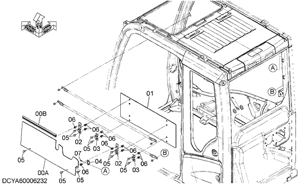 Схема запчастей Hitachi ZX280-5G - 028 SUNVISOR (RIGHT WINDOW) 08 CAB