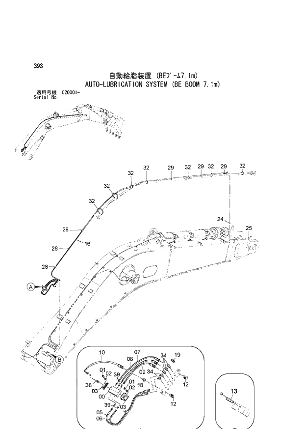 Схема запчастей Hitachi ZX870LCH-3 - 393 AUTO-LUBRICATION SYSTEM (BE BOOM 7.1m) (020001 -). 04 BACKHOE ATTACHMENTS