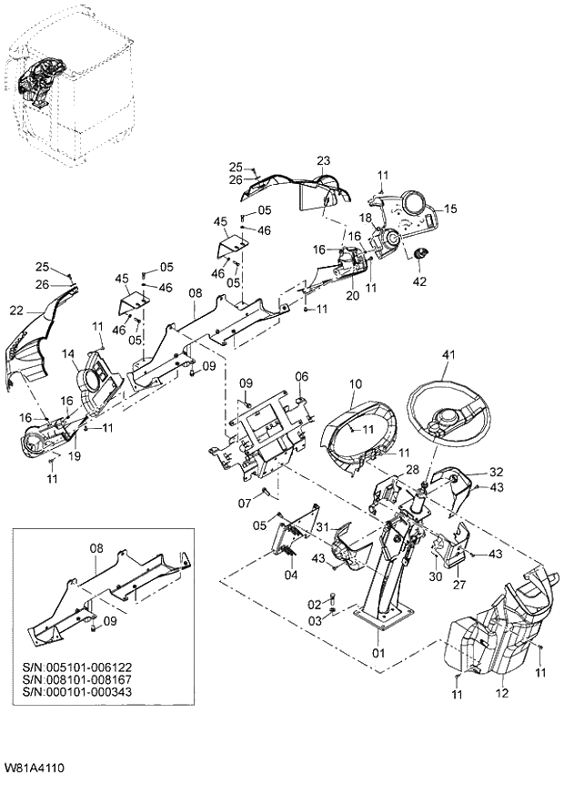 Схема запчастей Hitachi ZW250 - 094_STEERING COLUMN H3H,HCH,HEH,HSH,HXH (000101-000409, 005101-006139, 008101-008240, 010101-010107). 04 CAB