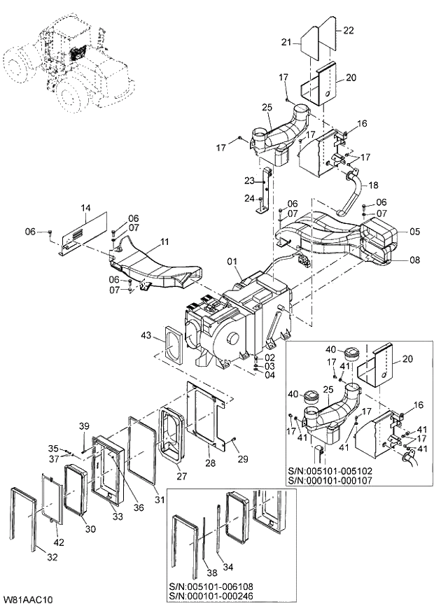 Схема запчастей Hitachi ZW250 - 100_AIR CONDITIONER(1)(AC400) (000101-004999, 005101-). 04 CAB