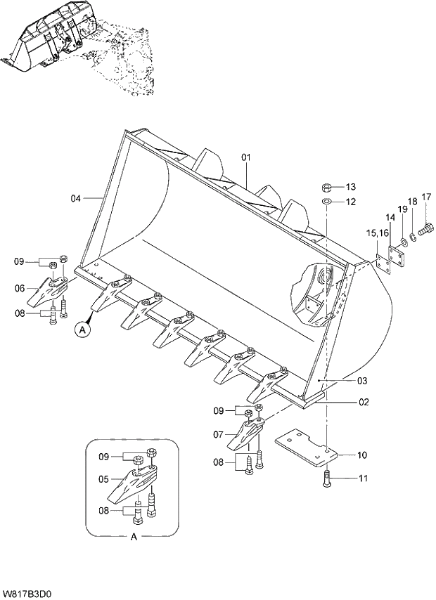 Схема запчастей Hitachi ZW310A - 009 GENERAL PURPOSE BUCKET(WITH BOLT-ON TOOTH) 3.4m3 (6AJ,HAJ,HEJ)(B3H340). 07 LOADER ATTACHMENT