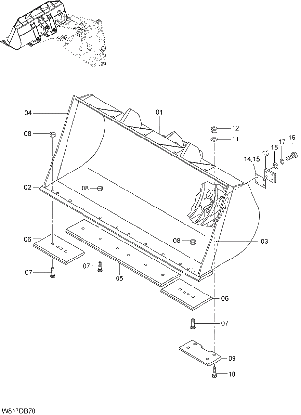 Схема запчастей Hitachi ZW310 - 014 GENERAL PURPOSE BUCKET(WITH BOLT-ON CUTTING EDGE) 3.6m3 (6AJ,HAJ,HEJ)(DBH360). 07 LOADER ATTACHMENT