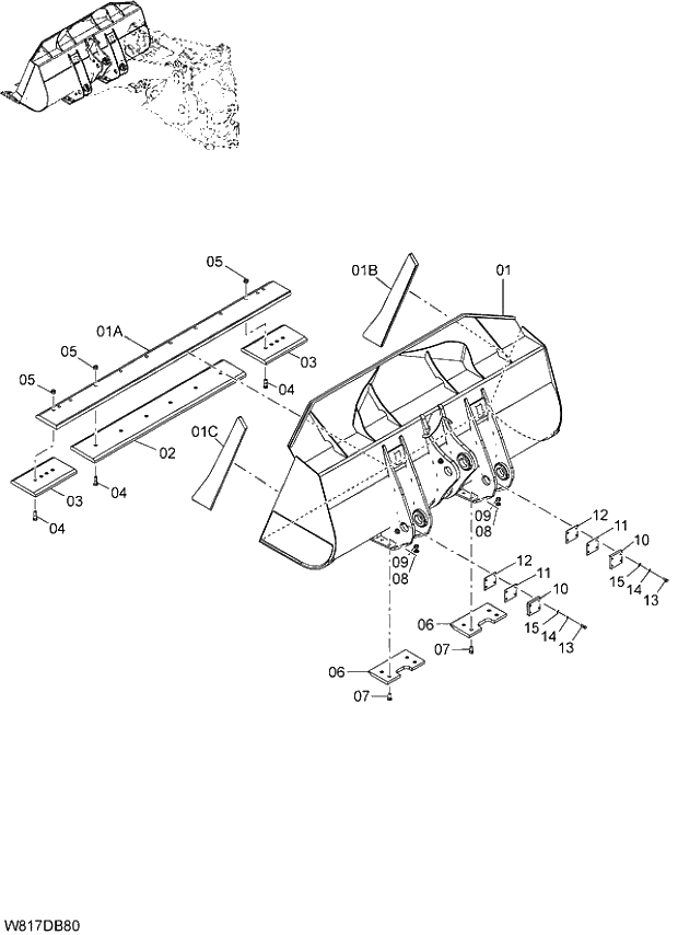 Схема запчастей Hitachi ZW310A - 015 GENERAL PURPOSE BUCKET(WITH BOLT-ON CUTTING EDGE) 4.0m3 (6AJ,HAJ,HEJ)(DEB400). 07 LOADER ATTACHMENT