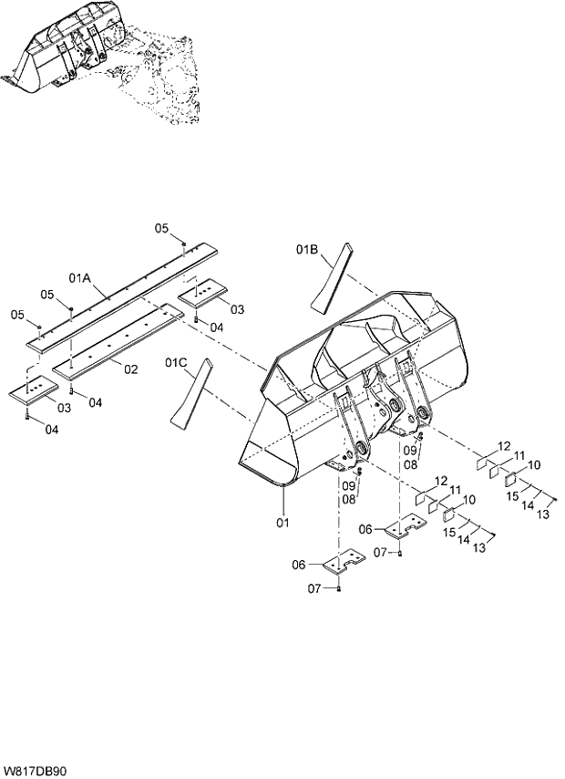 Схема запчастей Hitachi ZW310A - 016 GENERAL PURPOSE BUCKET(WITH BOLT-ON CUTTING EDGE) 4.2m3 (6AJ,HAJ,HEJ)(DEB420). 07 LOADER ATTACHMENT