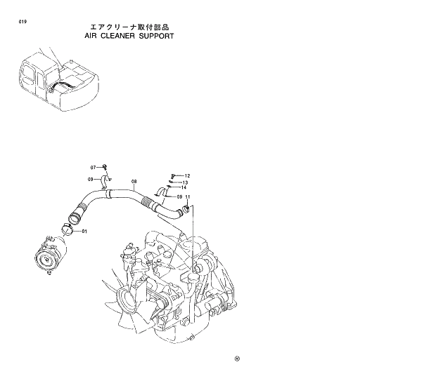 Схема запчастей Hitachi EX120-5 - 019 AIR CLEANER SUPPORT 01 UPPERSTRUCTURE