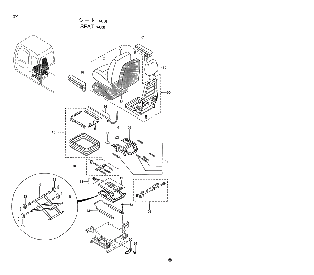 Схема запчастей Hitachi EX130H-5 - 251 SEAT (AUS) 01 UPPERSTRUCTURE