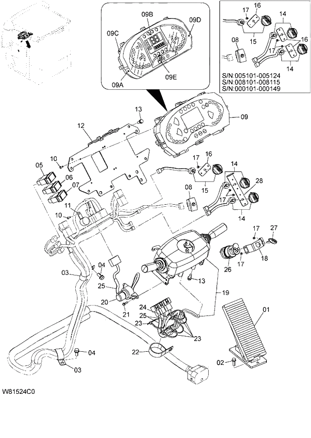 Схема запчастей Hitachi ZW180 - 127 ELECTRIC PARTS (STEERING COLUMN) (000101-000337, 005101-005190, 008101-008168). 05 ELECTRICAL SYSTEM