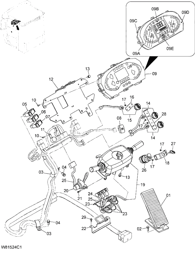 Схема запчастей Hitachi ZW180 - 128 ELECTRIC PARTS (STEERING COLUMN) (000338-004999, 005191-007999, 008169-). 05 ELECTRICAL SYSTEM