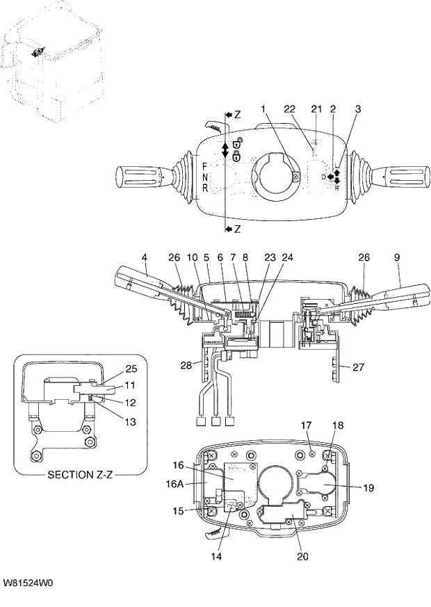 Схема запчастей Hitachi ZW180 - 129 COLUMN LEVER (000101-004999, 005101-). 05 ELECTRICAL SYSTEM