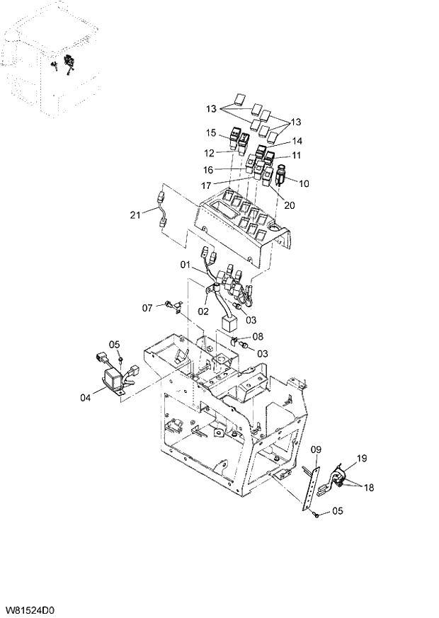 Схема запчастей Hitachi ZW180 - 130 ELECTRIC PARTS (RIGHT CONSOLE) (000101-004999, 005101-). 05 ELECTRICAL SYSTEM