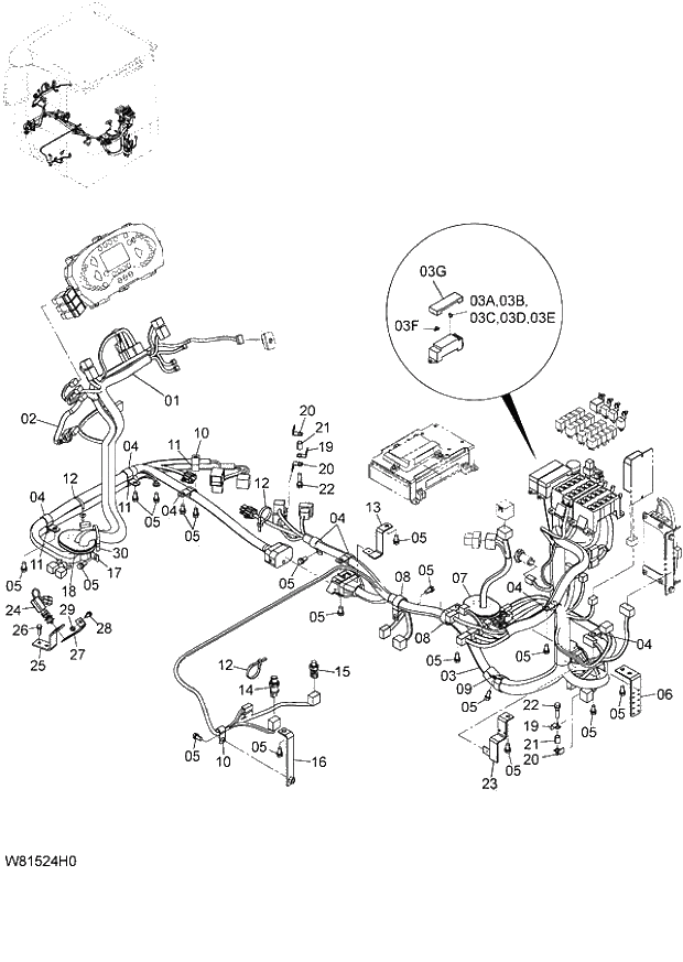 Схема запчастей Hitachi ZW180 - 134 CAB HARNESS (000101-004999, 005101-). 05 ELECTRICAL SYSTEM