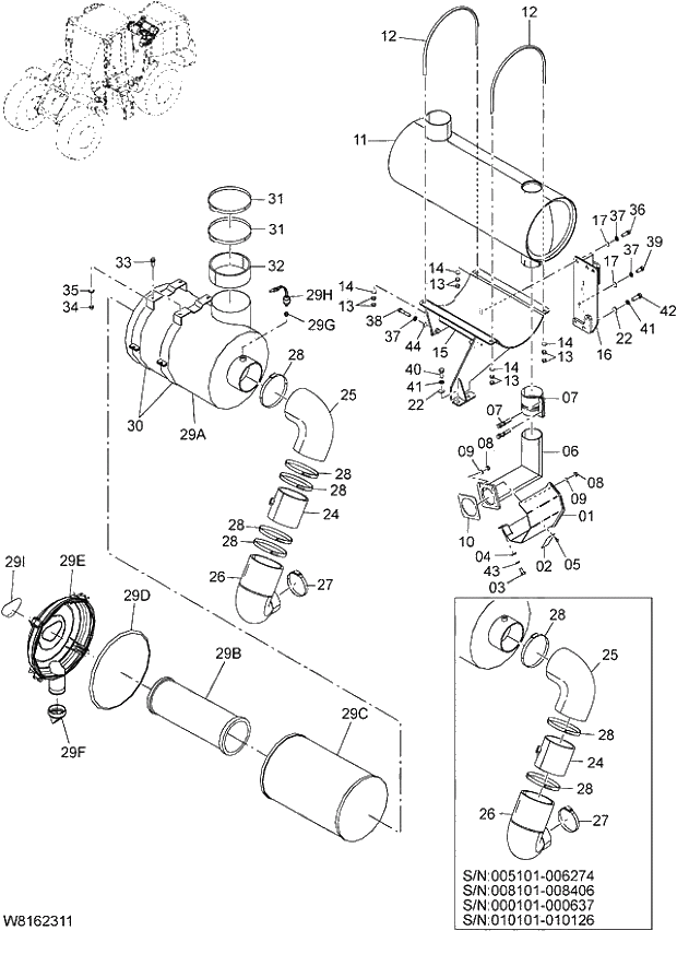 Схема запчастей Hitachi ZW220 - 019_INLET,EXHAUST DEVICE(1) (000638-004999, 006265-007999, 008407-009999, 010127-). 01 ENGINE