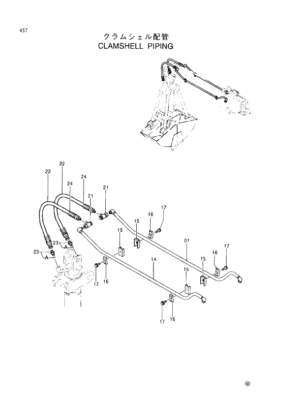 Схема запчастей Hitachi EX100M-5 - 457 CLAMSHELL PIPINGS FRONT