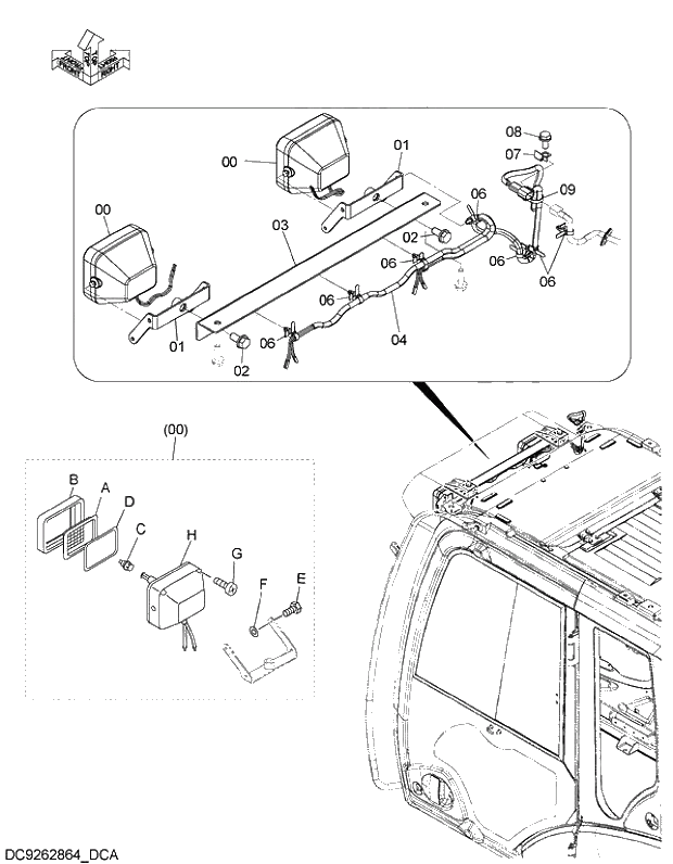 Схема запчастей Hitachi ZX470H-5G - 021 FRONT HEAD LAMP (2 LAMP WITH RAIN GUARD UNDER) 09 ELECTRIC SYSTEM