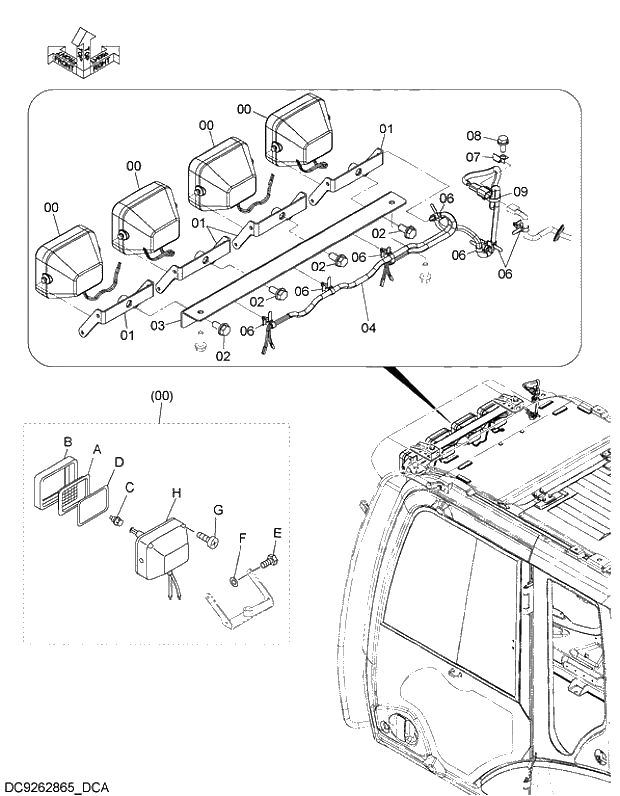 Схема запчастей Hitachi ZX470LC-5G - 022 FRONT HEAD LAMP (4 LAMP WITH RAIN GUARD UNDER) 09 ELECTRIC SYSTEM