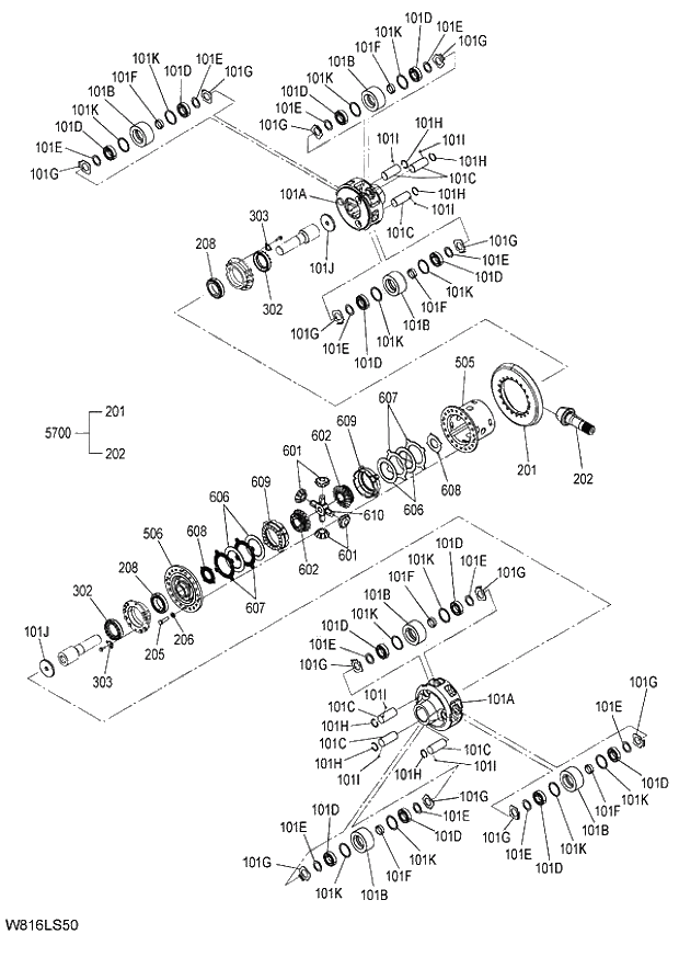 Схема запчастей Hitachi ZW220 - 321_AXLE ASSY (F) (3_4) (LSD) (000101-004999, 005101-). 05 POWER TRAIN