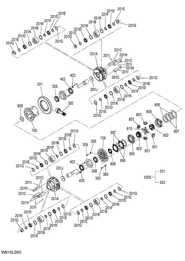 Схема запчастей Hitachi ZW220 - 325_AXLE ASSY (R) (3_4) (LSD) (000101-004999, 005101-). 05 POWER TRAIN