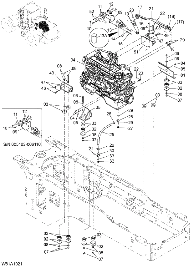 Схема запчастей Hitachi ZW250 - 002_ENGINE 6CH,HCH,HEH (005103-009999). 01 ENGINE