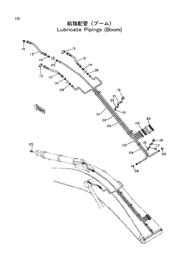 Схема запчастей Hitachi EX400 тип А - 175 LUBRICATE PIPINGS (BOOM) 03 BACKHOE ATTACHMENTS