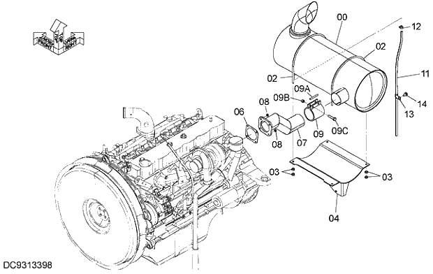 Схема запчастей Hitachi ZX280LC-5G - 014 MUFFLER 02 ENGINE