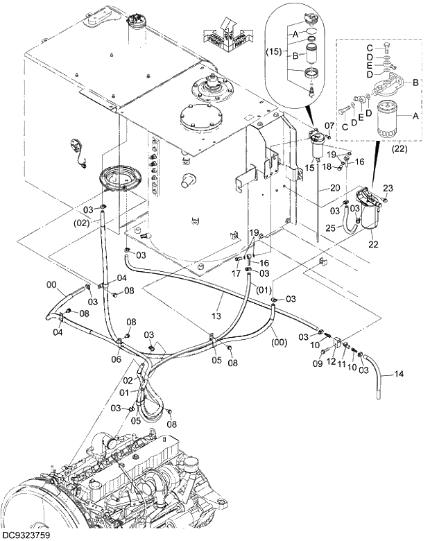 Схема запчастей Hitachi ZX280-5G - 017 FUEL PIPING (DOUBLE FILTER) 02 ENGINE