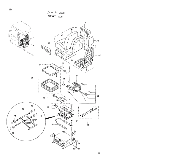 Схема запчастей Hitachi EX230H-5 - 251 SEAT (AUS) 01 UPPERSTRUCTURE