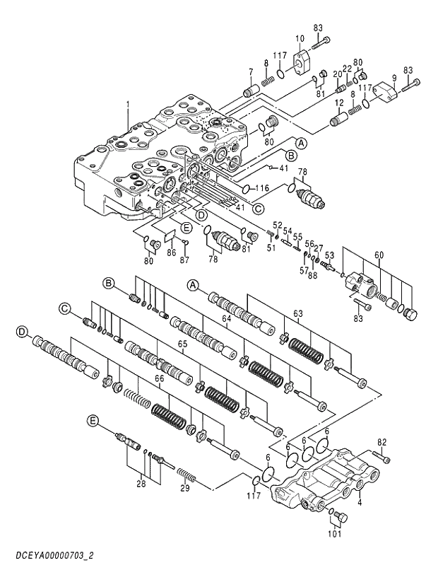 Схема запчастей Hitachi ZX200-5G - 002 VALVE;CONTROL (2-5) 03 VALVE