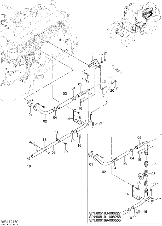 Схема запчастей Hitachi ZW310A - 010 COOLING DEVICE PIPING(BYPASS LINE). 01 ENGINE