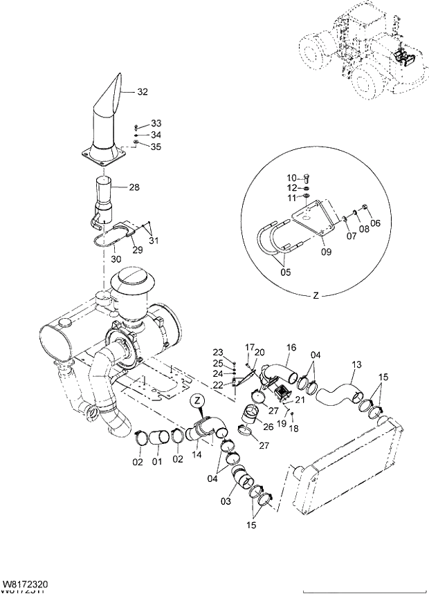 Схема запчастей Hitachi ZW310A - 020 INLET, EXHAUST PIPING. 01 ENGINE