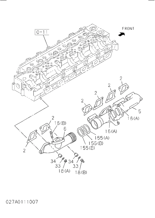 Схема запчастей Hitachi ZW220 - 027_EXHAUST MANIFOLD. 6HK1-XYWT03 DIESEL ENGINE 6HK1 PARTS CATALOG