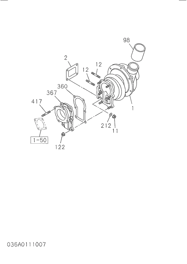 Схема запчастей Hitachi ZW220 - 036_TURBOCHARGER SYSTEM. 6HK1-XYWT03 DIESEL ENGINE 6HK1 PARTS CATALOG