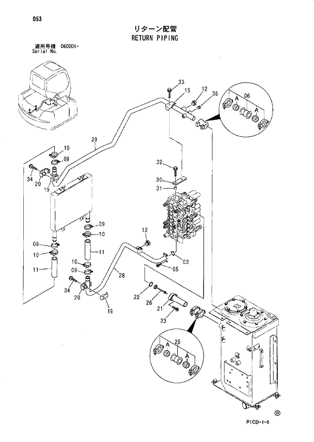 Схема запчастей Hitachi ZX80 - 053 RETURN PIPING 01 UPPERSTRUCTURE