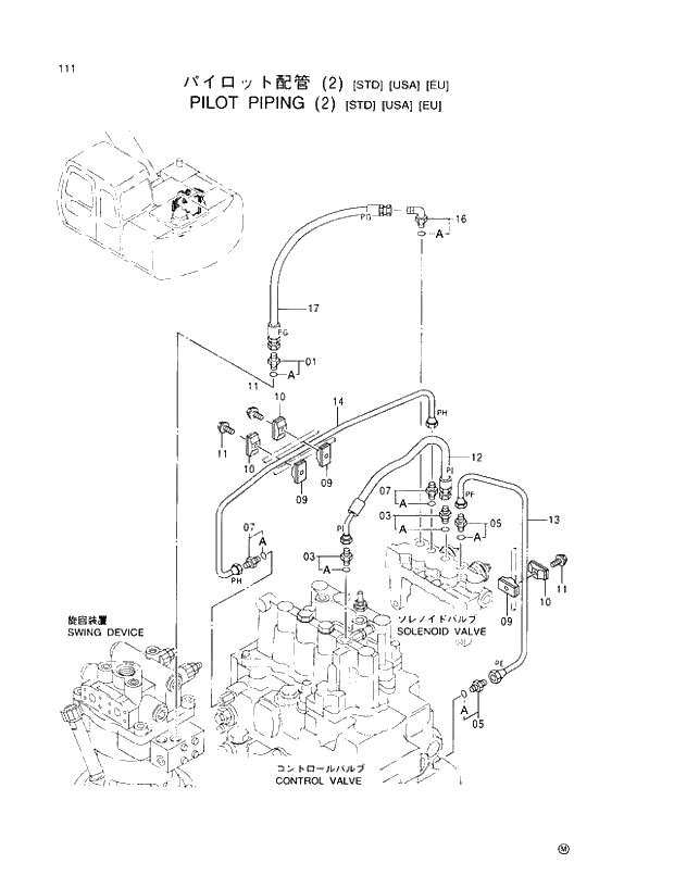 Схема запчастей Hitachi EX100-5 - 111 PILOT PIPINGS (2)(STD)(USA)(EU) UPPERSTRUCTURE