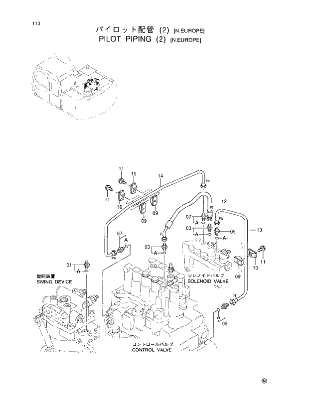 Схема запчастей Hitachi EX100-5 - 113 PILOT PIPINGS (2)(N.EUROPE) UPPERSTRUCTURE
