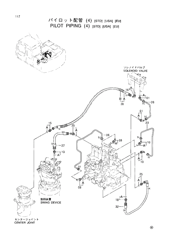 Схема запчастей Hitachi EX110M-5 - 117 PILOT PIPINGS (4)(STD)(USA)(EU) UPPERSTRUCTURE