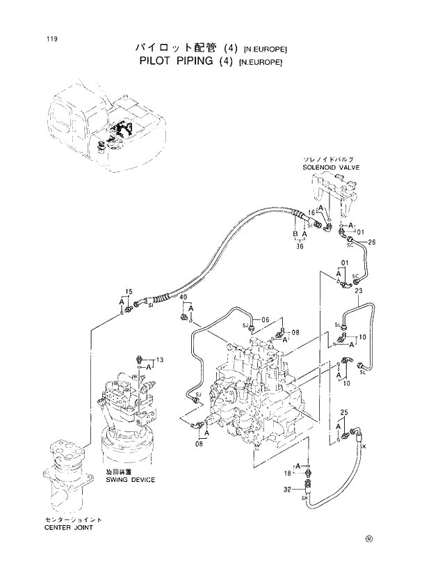 Схема запчастей Hitachi EX110M-5 - 119 PILOT PIPINGS (4)(N.EUROPE) UPPERSTRUCTURE