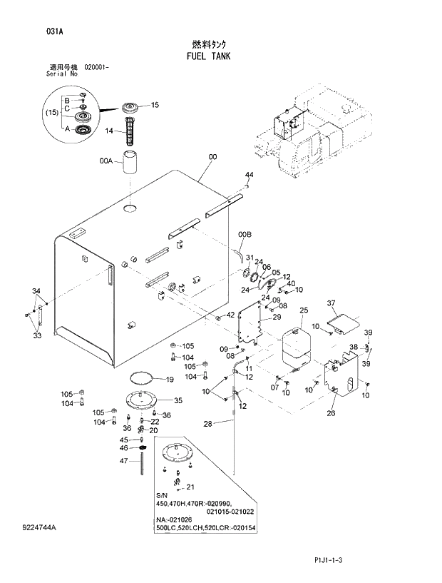 Схема запчастей Hitachi ZX520LC-3 - 031_FUEL TANK (020001 -). 01 UPPERSTRUCTURE
