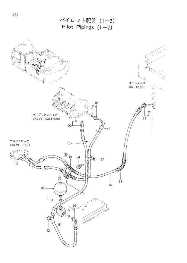 Схема запчастей Hitachi EX220-2 - 059 PILOT PIPINGS (1-2) (008001 -). 01 UPPERSTRUCTURE