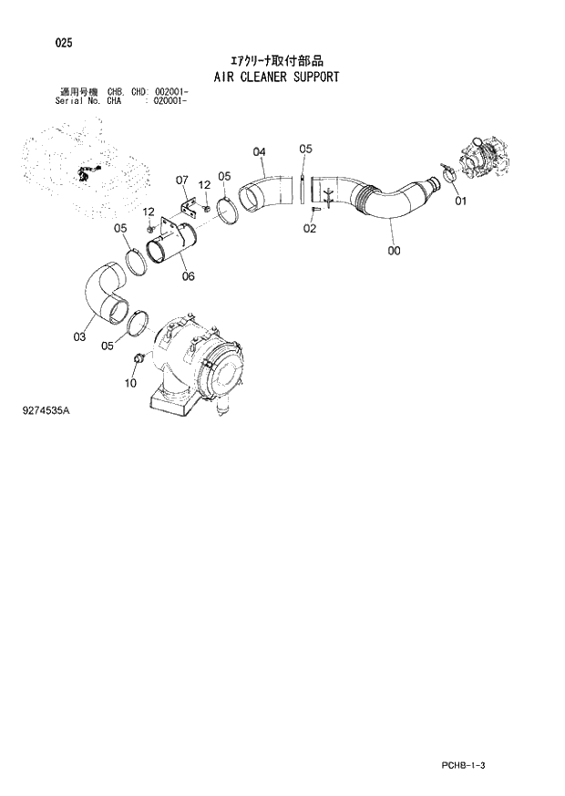 Схема запчастей Hitachi ZX190W-3 - 025 AIR CLEANER SUPPORT (CHA 020001 - CHB - CHB CHD 002001 -). 01 UPPERSTRUCTURE