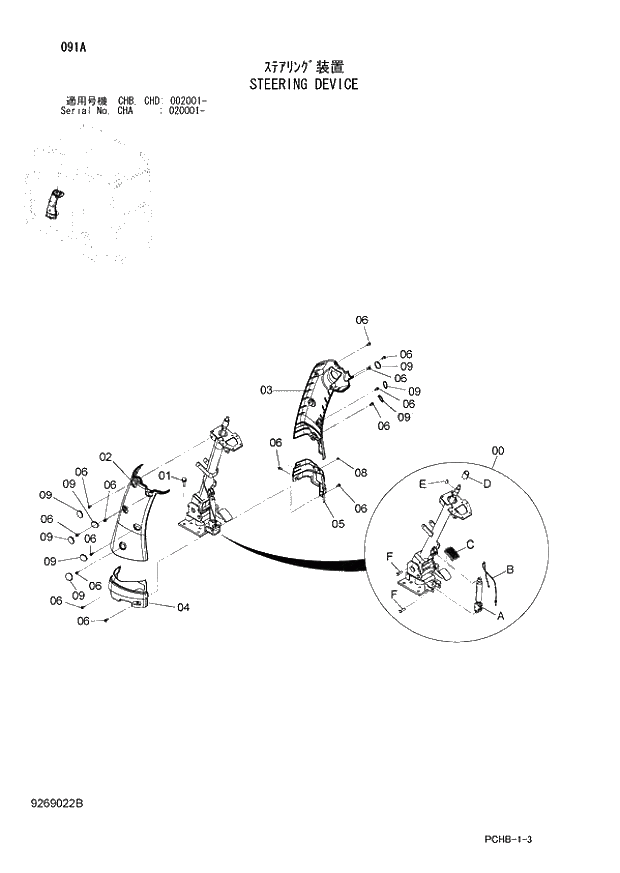 Схема запчастей Hitachi ZX190W-3 - 091 STEERING DEVICE (CHA 020001 - CHB - CHB CHD 002001 -). 01 UPPERSTRUCTURE